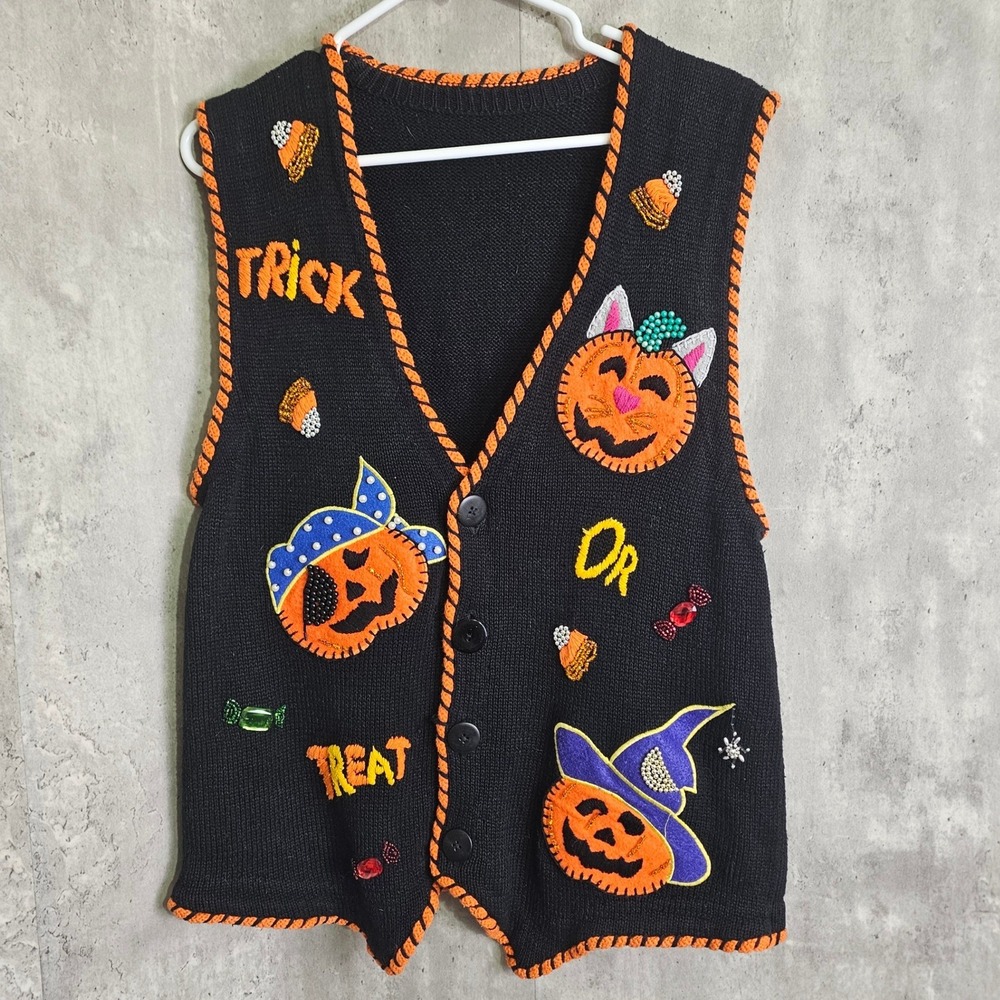 Halloween Trick Or Treat Jack O Lantern Beaded Knit Vest Black Orange Womens L